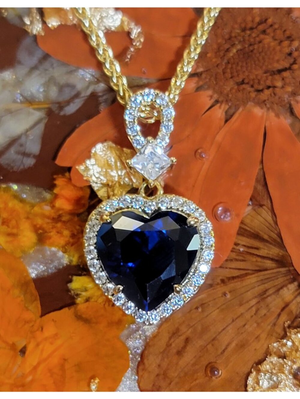 18K Gold Plated S925 Sterling Silver Sapphire Heart Necklace NWT